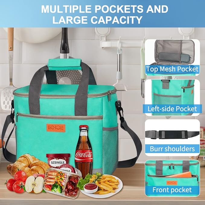 Iknoe Large Cooler Bag Collapsible 24 Can, Insulated Bags Leakproof Lunch Cooler Tote with Multi-Pockets for Adult, Insulated Lunch Box for Beach, Picnic,Work(Mint Green)