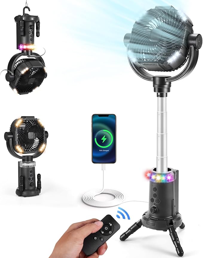 Odoland 20000mAh Camping Fan with Lantern, 360° Oscillation Table fan with Remote & Hook, Rechargeable Battery Operated Outdoor Power Fan with Light for Camp, Family Travel and Jobsite, Black