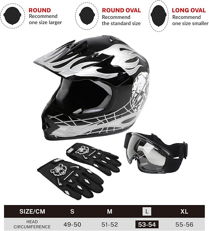 TCT-MOTORPARTS DOT Youth Kids Motocross ATV Helmets Offroad Street Dirt Bike Go-Kart BMX MX Full Face Helmet Black Skull Large Size