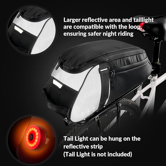 WOTOW Reflective Rear Rack Bag, Water Resistant Bike Saddle Bag Panniers for Bicycles, 8L Trunk Storage Bag, Cycling Back Seat Cargo Carrier Pouch With Shoulder Strap (With Rain Cover)