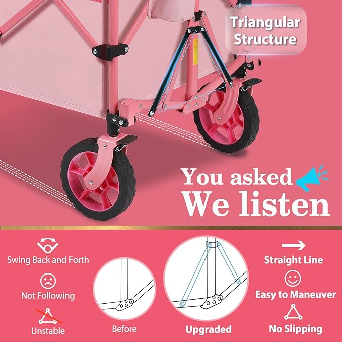 Sekey 220L Collapsible Foldable Wagon with 330lbs Weight Capacity, Heavy Duty Folding Wagon Cart with Big All-Terrain Wheels & Drink Holders (Barbie Pink)