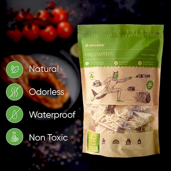 Inflame Fire Starters for Campfires, Grill, BBQ, Fireplace, Woodstove - Charcoal Starter - Waterproof, Weather-Resistant - Natural Wood Fireplace Starters - 24 pcs