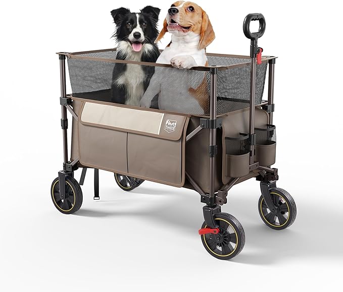 TIMBER RIDGE 350L Extra Large Collapsible Folding Wagon Carts with Brake, Heavy Duty Outdoor Camping Utility Wagons with Extended Height, Adjustable Handle, Cup Holders, Side Bag(Tan)