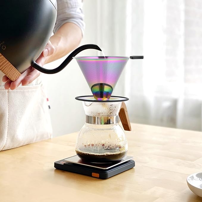 Pour Over Coffee Dripper Filter: Reusable Stainless Steel Coffee Filters - Metal Cone Filter Paperless Single Cup Coffee Maker 1-4 Cup with Double Mesh & Non-slip Cup Stand Multicolour