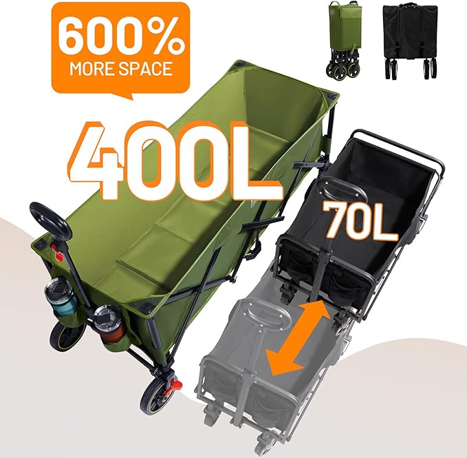 TIMBER RIDGE 51.2'' Extended Collapsible Wagon Cart with Brakes and Cargo Net, 350LBS Heavy Duty Foldable Utility Wagon with Adjustable Handle, 400L Capacity Portable Cart for Camping Sports Shopping