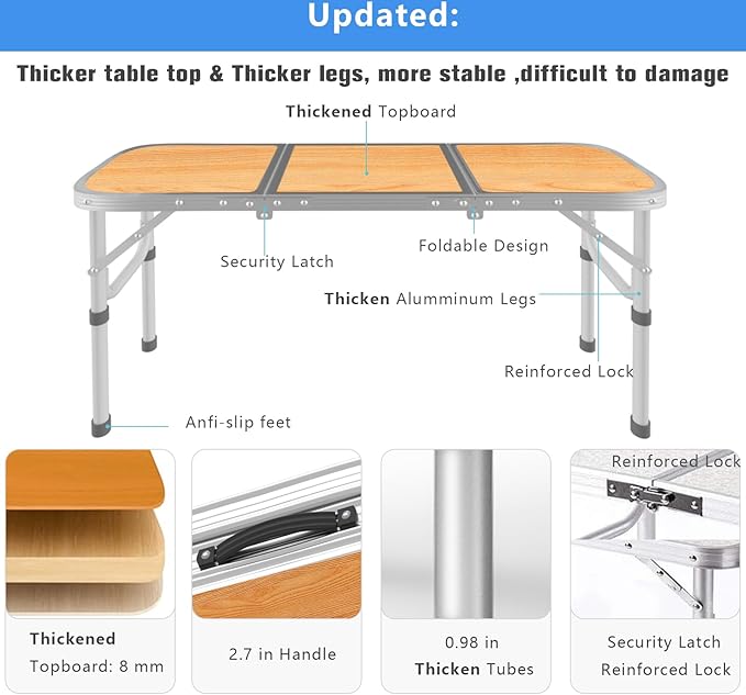 AO LI GEI Folding Camping Table Small with Storage Bag,Adjustable Height Portable Picnic Table,Upgraded Thickening Lightweight Outdoor Table Aluminum Legs (Brown:15.7"x35.4", 2 Height:9.8"/19.7")