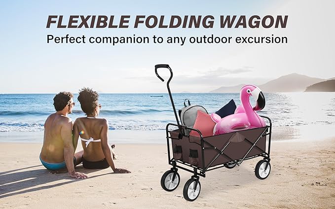 YSSOA Rolling Collapsible Garden Cart Camping Wagon, with 360 Degree Swivel Wheels & Adjustable Handle, 220lbs Weight Capacity,Brown