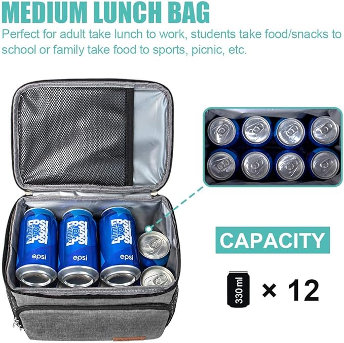 Tiblue Insulated Lunch Bag for Women/Men, Reusable Lunch Box for Office Work School Picnic Beach,Leakproof Freezable Cooler Bag with Adjustable Shoulder Strap for Kids/Adult(Medium, Rock Grey)