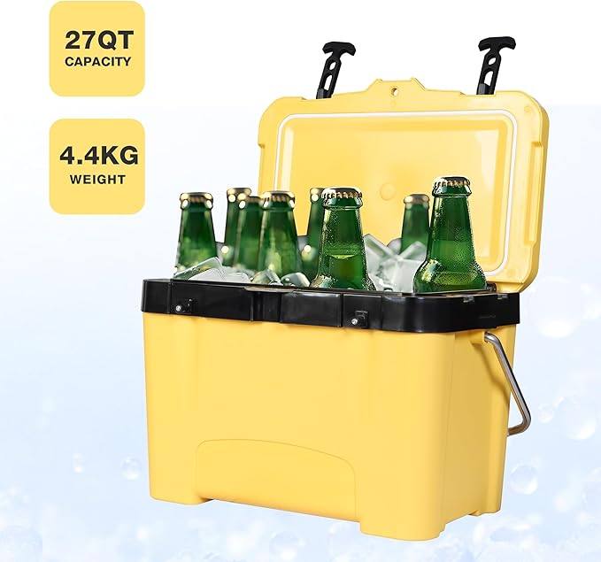 YELLOW JACKET 27 Quart Ice Cooler, Portable Ice Chest Hard Cooler Box with Retention Insulation and Heavy Duty Handle for Camping, Picnic, Beach, Drink, Beverage, Fishing
