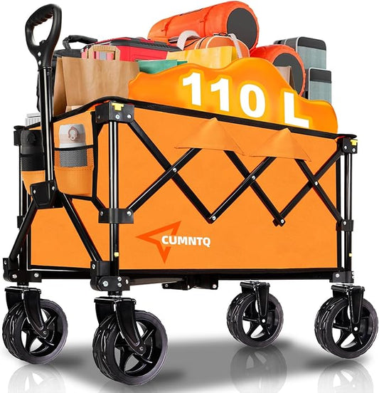 Collapsible Wagon Cart with Wheels, Heavy Duty Foldable Wagon Cart with 230lbs Weight Capacity, Utility Beach Wagons Portable for Outdoor, Grocery, Camping, Shopping, Orange