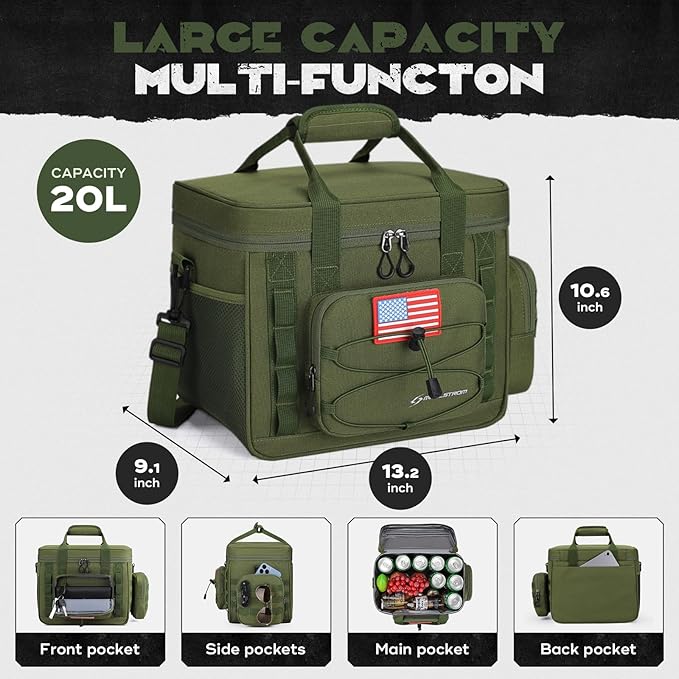 Maelstrom Large Tactical Lunch Box for Men,Insulated Lunch Bag, Leakproof Soft Cooler Bags with Detachable MOLLE Bag,Durable Lunch Tote for Adult Women Work,Picnic,30 Cans/20 L, Army Green