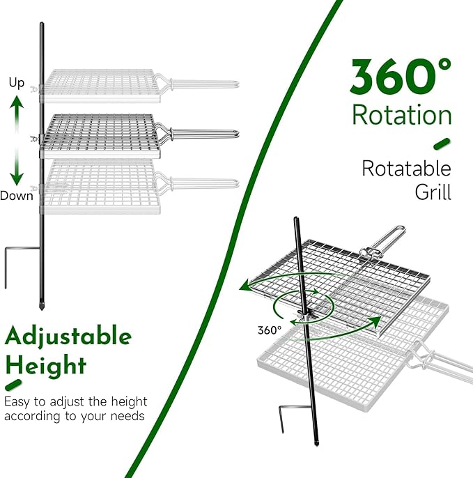 Swivel Campfire Grill Grate Rack, Adjustable Camp Grill Over Fire Pit, Cooking Equipment, Grills Grate for Firepit