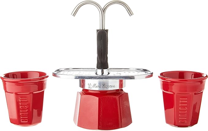 Bialetti - Mini Express Color: Moka Set includes Coffee Maker 2-Cup (2.8 Oz) + 2 shot glasses, Red, Aluminium
