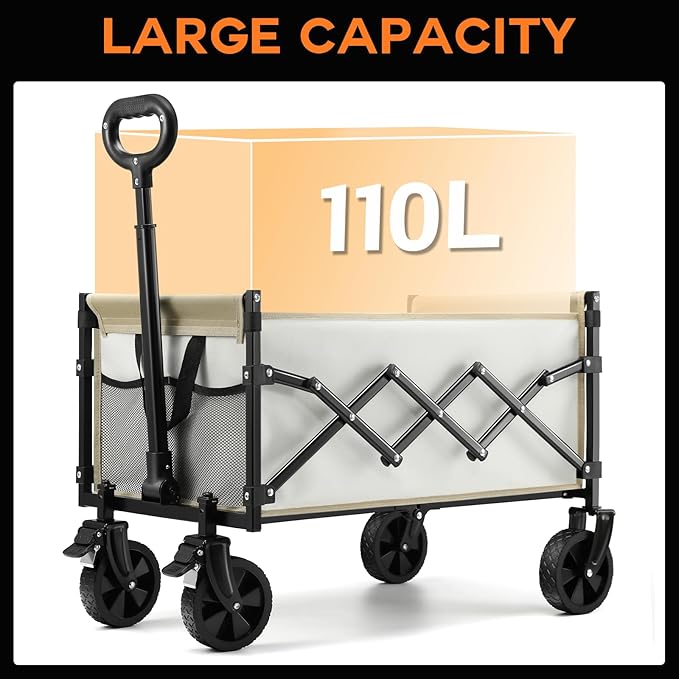 CAMTOP Collapsible Wagon Cart Foldable Wagon Portable Heavy Duty Folding Wagons with Braking Wheels Lightweight Outdoor Utility Wagon for Shopping, Sports, Camping, Garden, Grocery, Beach (Beige)