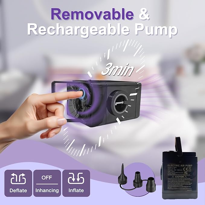Air Mattress Queen with Built in Wireless Battery Pump,22'' Blow Up Inflatable Air Bed for Camping,Home,Thick Velvet Texture Waterproof,22'' Purple