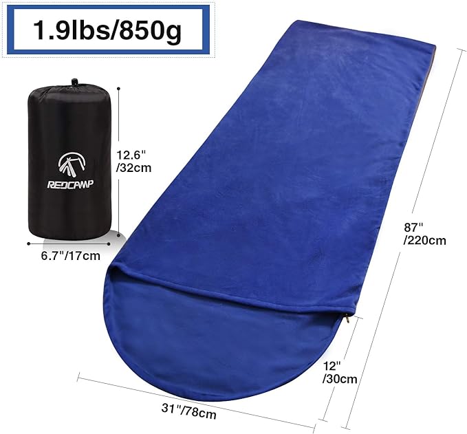 REDCAMP Fleece Sleeping Bag Liner with Hood, Great for Adult Warm or Cold Weather, 87" Long Full Sized Zipper Camping Blanket for Outdoor, Blue