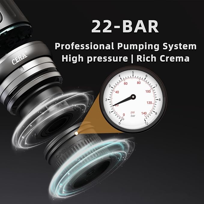 CERA+ Self-Heating Portable Espresso Machine,Up to 8 Cups per Charge & 22 Bar, 13500mAh, CERApresso Works with NS Capsules & Grounds, Electric Coffee Maker for Camping,Hiking,Office & Car/Air Travel