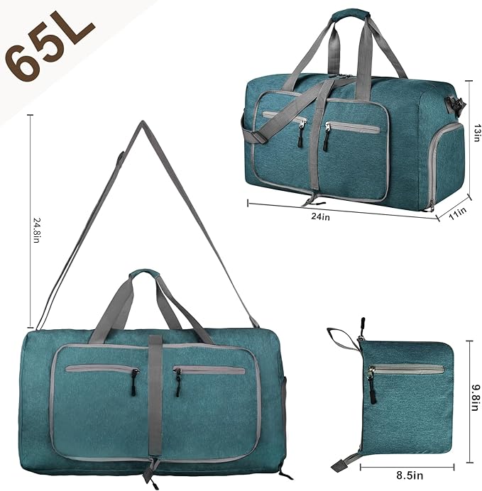 Dimayar 65L Travel Duffle Bag for Men Women - Foldable Duffel Bag with Shoes Compartment - Overnight Bags Waterproof & Tear Resistant(Green)