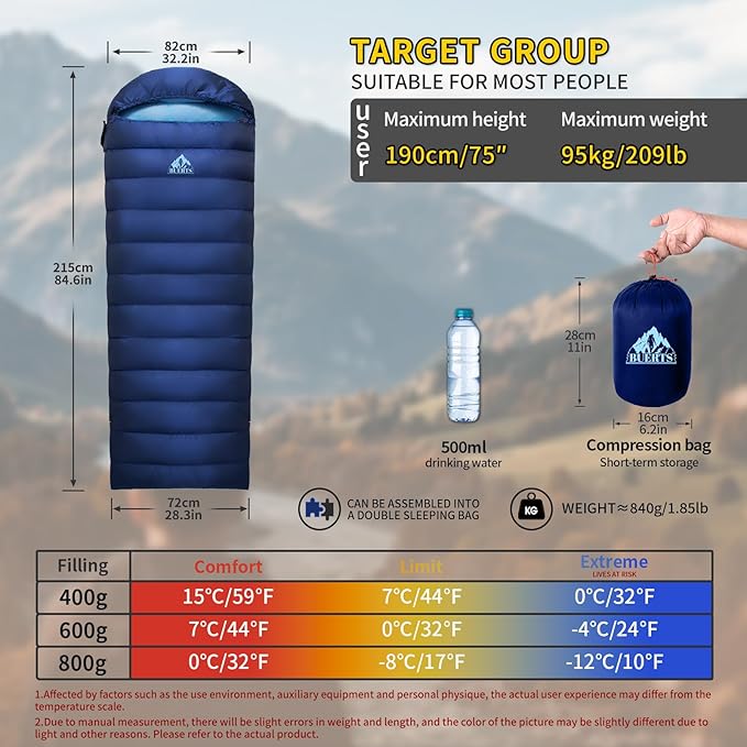 Lightweight Sleeping Bag for Adults. 59-24°F.Weighs only 1.85/2.68lb. Down Sleeping Bag for Hiking, Camping, Mountaineering, Adventure and Backpacking.