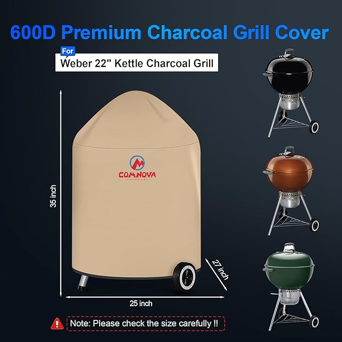 Comnova Charcoal Kettle Grill Cover - 600D BBQ Cover for Weber 22 Inch Grill, Waterproof & Heavy Duty