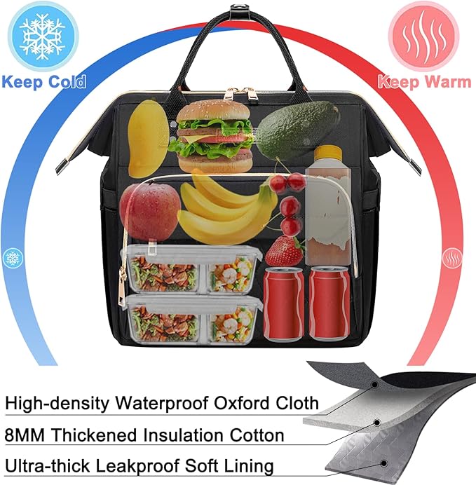 AIJIEKE Lunch Bag for Women, Large Lunch Box for Work Insulated Lunch Bag, Adult Leak Proof Lunch Tote Cooler Bag with Side Pockets & Adjustable Strap, Lunch Purse for Picnic Beach, Black