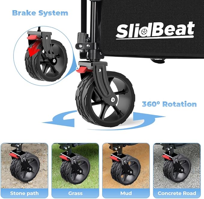 SLIDBEAT Beach Wagon with Big Universal Wheels - Folding Wagon - Wagons Carts Heavy Duty Foldable - Camping Garden Cart Black - 6.5''×2.5'' Wheels