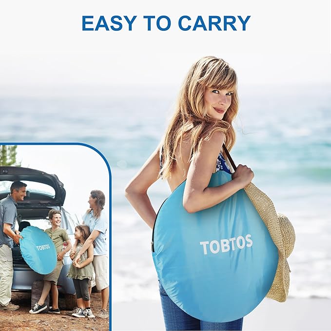 TOBTOS UPF 50+ Pop Up Beach Tent, Easy Set Up Beach Umbrella, Sun Shelter for 2-3 People UV Protection Portable Sunshade, Baby Canopy Cabana, Lightweight with Carry Bag