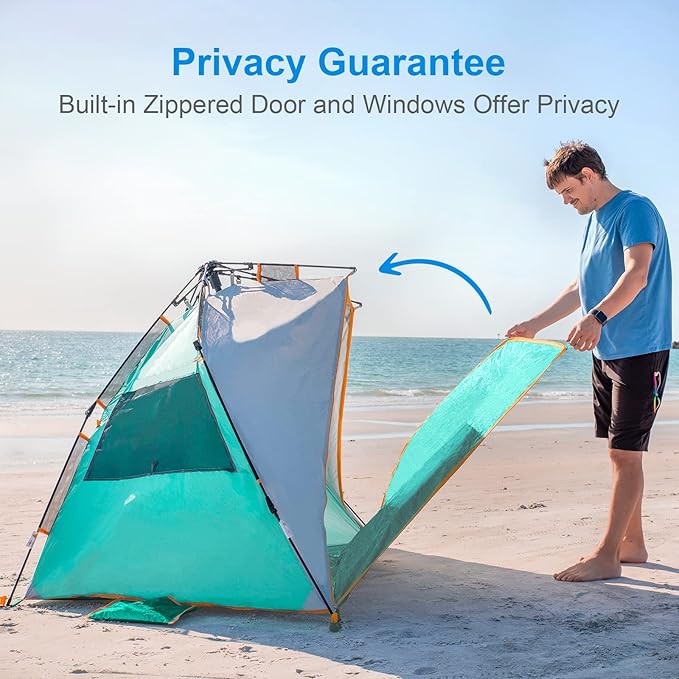 WolfWise 3-4 Person Easy Up Beach Tent UPF 50+ Portable Instant Sun Shelter Canopy Umbrella with Extended Zippered Porch, Mint Green
