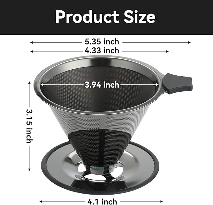 Pour Over Coffee Dripper Filter: Reusable Stainless Steel Coffee Filters - Metal Cone Filter Paperless Single Cup Coffee Maker 1-4 Cup with Double Mesh & Non-slip Cup Stand Black