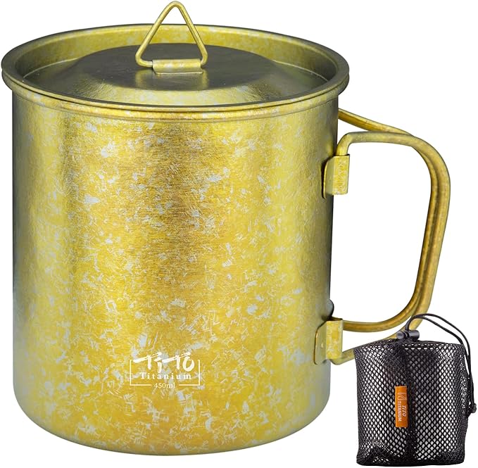 TiTo Titanium Cup Titanium Pot with Lid Ultralight Portable 450ml Foldable Handle Camping Tea Coffee Water Mug for Outdoor Backpacking Hiking Picnic Drinkware with Mesh Sack (Gold)