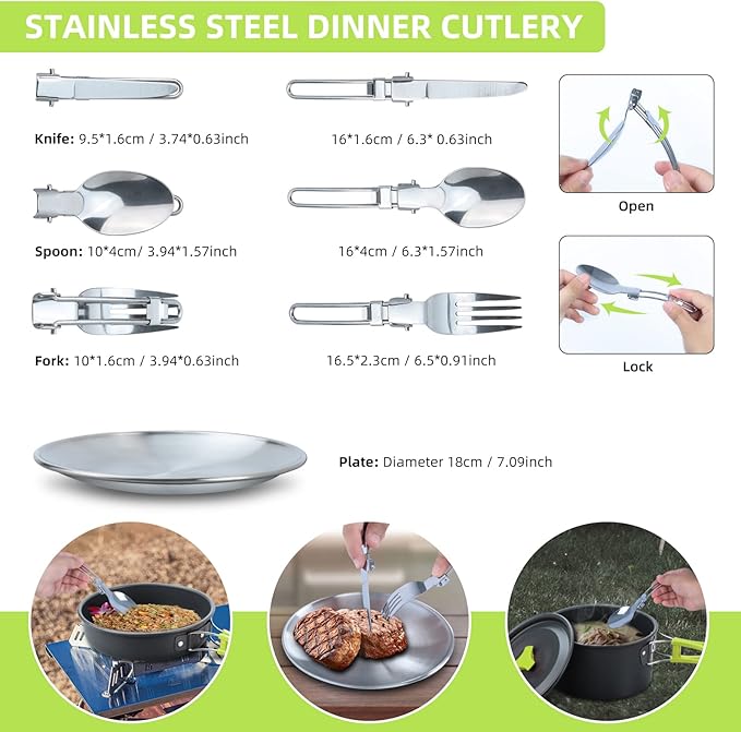 LIXADA 16pcs Camping Cookware Mess Kit, Non-Stick Lightweight Pot Pan Kettle Set with Stainless Steel Plates Forks Knives Spoons, Portable Camping Cooking Set for Outdoor Backpacking Hiking Picnic