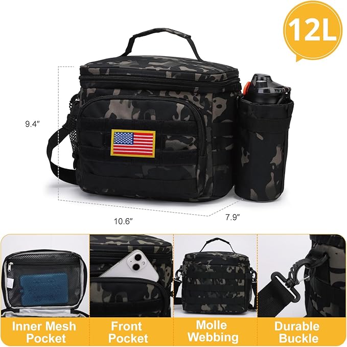 Tactical Lunch Box for Men, Insulated Lunch Bag MOLLE Webbing Leakproof, Cooler Large Lunchbox Women with Adjustable Shoulder Strap Durable, Construction Heavy Duty Lunch Pail, Black Camo