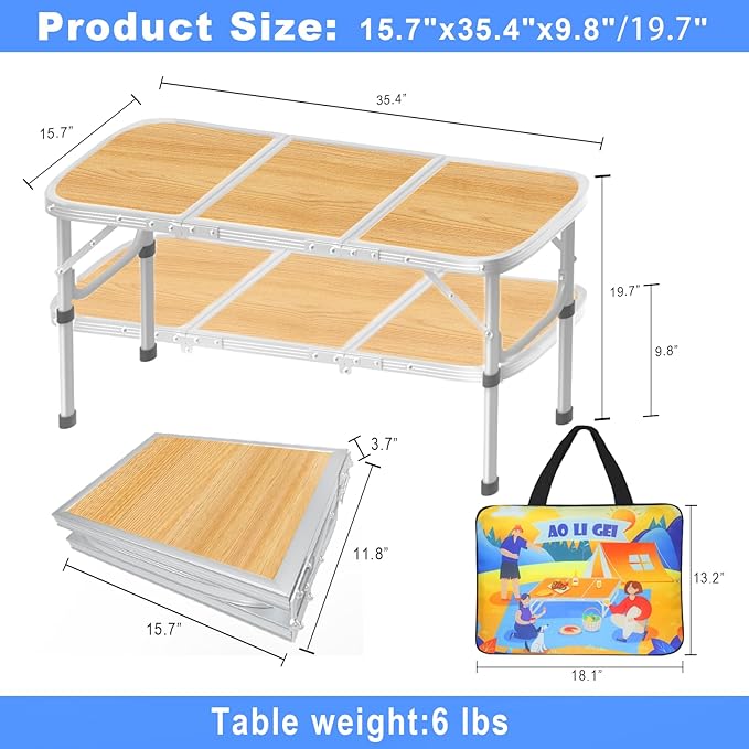AO LI GEI Folding Camping Table Small with Storage Bag,Adjustable Height Portable Picnic Table,Upgraded Thickening Lightweight Outdoor Table Aluminum Legs (Brown:15.7"x35.4", 2 Height:9.8"/19.7")