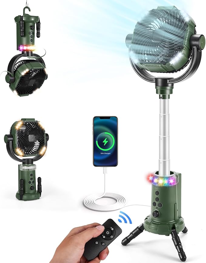 Odoland Camping Fan with Lantern, 360° Oscillation 20000mAh Table Fan with Remote & Hook, Rechargeable Battery Operated Outdoor Power Fan with Light for Camp, Family Travel and Jobsite, Green