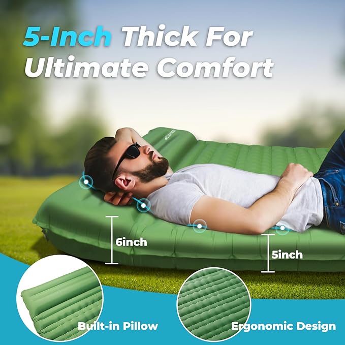 Double Sleeping Pad for Camping, 5" Ultra-Thick Inflatable Mat with Built-in Foot Pump, 2-Person Ultralight Camping Mat with Pillow, Insulated Sleeping Mat for Backpacking, Hiking, Tent Use