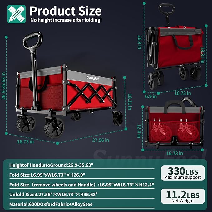 SunnyFeel 330lbs Wagons Carts Foldable,Heavy Duty Collapsible Folding Wagon Carts with Wheels,Lightweight Fold Up Wagon Cart for Outdoor Camping Shopping Sports Beach Garden Grocery