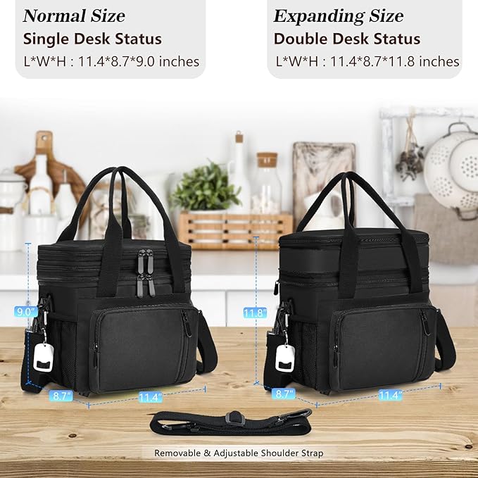 LOKASS Lunch Bag & Lunch Box for Men Women - Double Deck Expandable Insulated Waterproof Leakproof Cooler Bag for Work/Picnic - Black