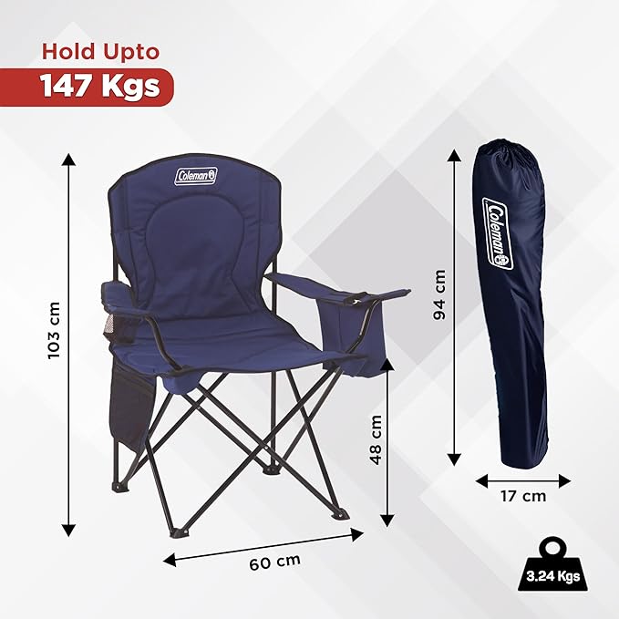 Coleman Portable Quad Camping Chair with 4-Can Cooler, Cushioned Seat & Back with Side Pockets & Cup Holder, Carry Bag Included