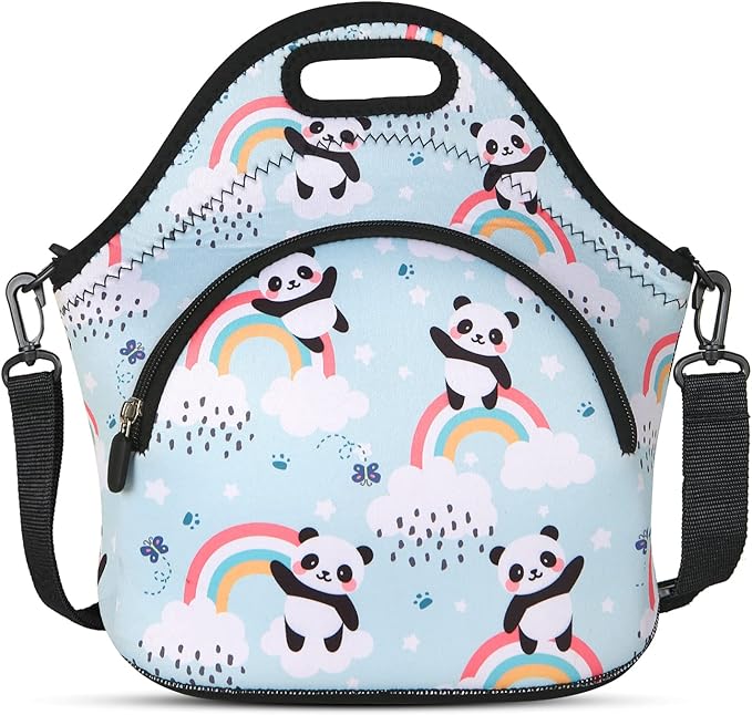 Violet Mist Neoprene Lunch Bag Reusable Insulated Lunch Box with Adjustable Shoulder Strap&Pocket for Women,Men,Adults,Cute Cartoon Panda Snack Bags Anime Animal Work Picnic Travel Tote Food Handbags