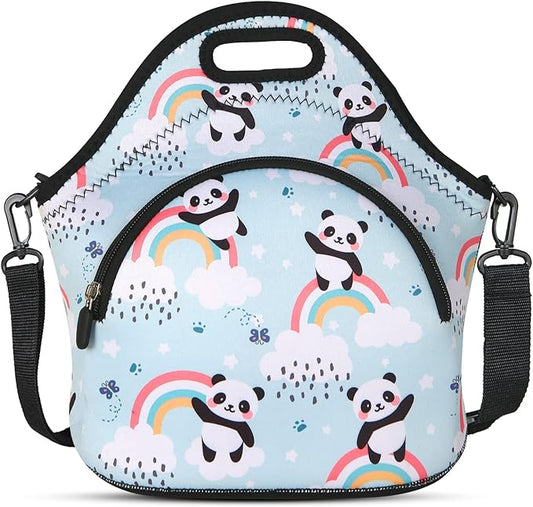 Violet Mist Neoprene Lunch Bag Reusable Insulated Lunch Box with Adjustable Shoulder Strap&Pocket for Women,Men,Adults,Cute Cartoon Panda Snack Bags Anime Animal Work Picnic Travel Tote Food Handbags