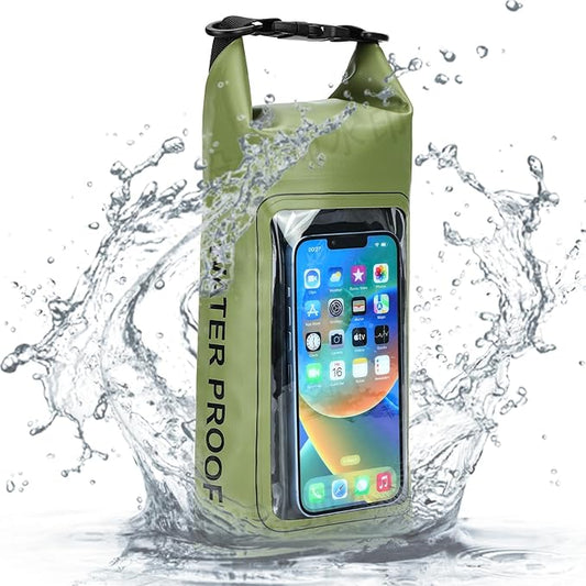 Waterproof Dry Bag, Beach Phone Bag 2L Roll Top Waterproof Backpack w/Phone Case/Pouch, Lightweight Dry Storage for Travel Swimming Boating Kayaking Camping Beach Fishing Rafting (Green)