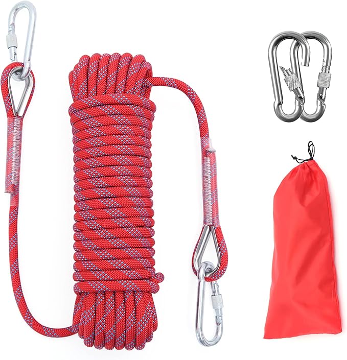 10mm/12mm Climbing Rope, Outdoor Static Rock Climbing Rope, Tree Climbing Rappelling Rope, Escape Nylon Rope, Ice Climbing Equipment Fire Rescue Parachute Rope with 2 Steel Hooks