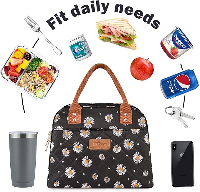 HOMESPON Insulated Lunch Bag for Women Men Adults Lunch Tote with Front Pocket Lunch Box Container Cooler Bag for Work Picnic (Black Daisy)