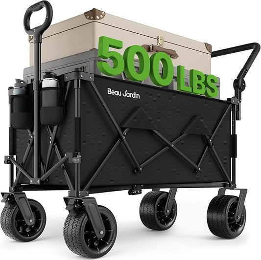BEAU JARDIN Folding Push & Pull Beach Wagon 500 lbs Collapsible Foldable Wagons with Push Handle All Terrain Wheels Grocery Utility Camping Sports Garden Wagon Cart Black
