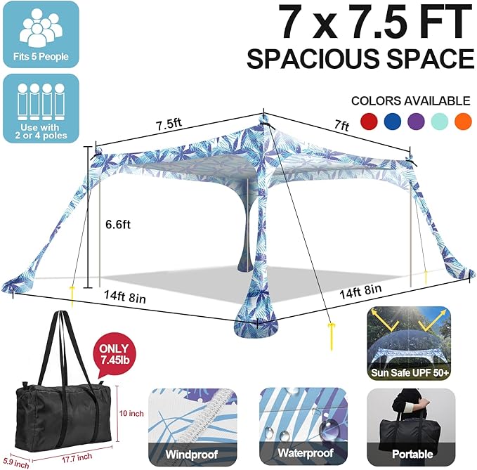 Buheco Beach Tent Pop Up Shade 7x7.5ft Beach Canopy Sun Shelter UPF50+ with 4 Foldable Poles-Portable Carrying Bag-Sand Shovel-Ground Pegs-Windproof Ropes for Outdoor Family Camping-Fishing- Picnic