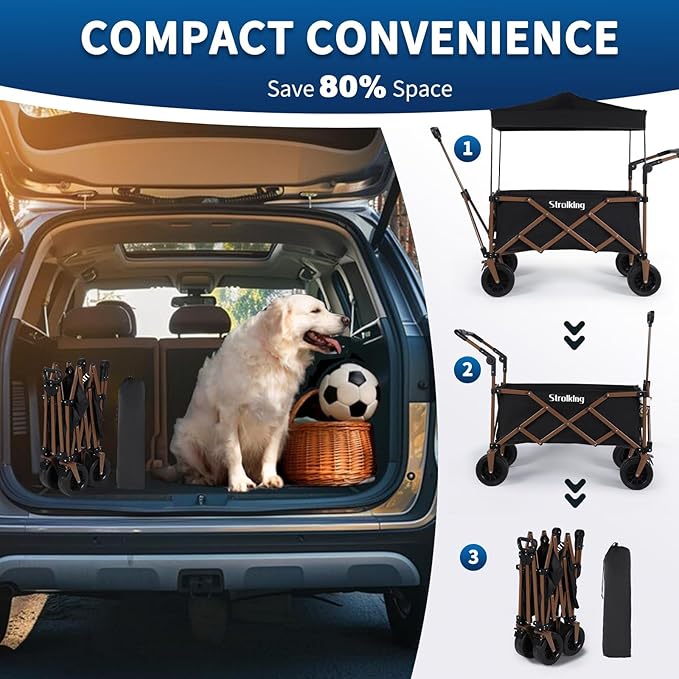 Folding Wagon with Canopy, 160L Capacity, 8" All-Terrain Wheels, 330lbs Load, Utility Cart for Camping, Beach, Shopping, Outdoor Use