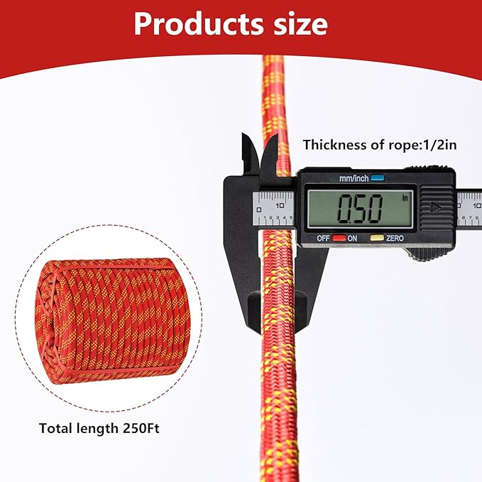 Arborist Rigging Rope - Red 1/2 in x 250 Ft Static Bull Rope for Climbing Tree Felling Pulling Various Outdoor Applications Construction Swing Sailing