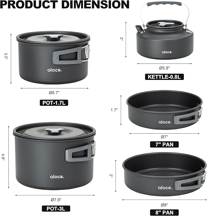 Alocs 17pcs Camping Cookware Camp Kitchen Set with Kettle, Aluminum Camping Cooking Set Backpacking Gear for Hiking,Traveling,Climbing and Picnic