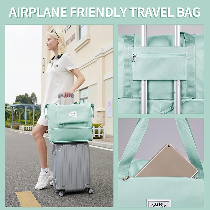 Expandable Travel Duffel Tote Bag - Foldable Overnight Weekender, Carry-On, Swim & Gym Bag - Fits Spirit Airlines Personal Item Size - Lightweight, Waterproof & Durable with Trolley Sleeve,Green