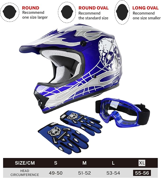 TCT-MOTORPARTS DOT Youth Kids Motocross ATV Helmets Offroad Street Dirt Bike Go-Kart BMX MX Full Face Helmet Blue Skull X-Large Size